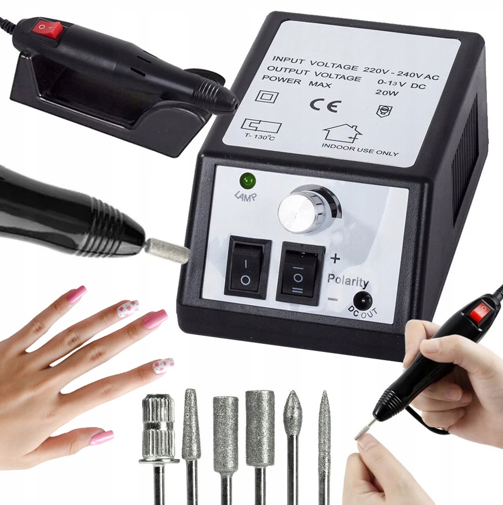 FREZARKA DO PAZNOKCI MANICURE PEDICURE PROFESJONALNA ZESTAW FREZÓW MOC 20W Marka Lewer